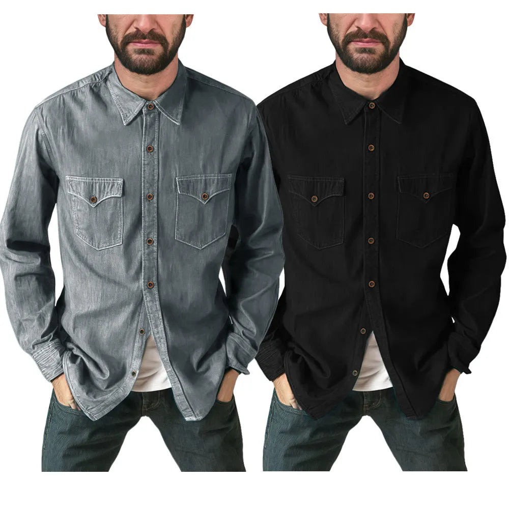 A button-front denim cardigan coat in a choice of khaki, black, blue, or grey.