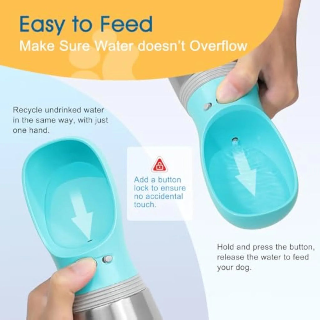 Blue stainless steel portable dog water bottle with drinking feeder showing 700ml capacity