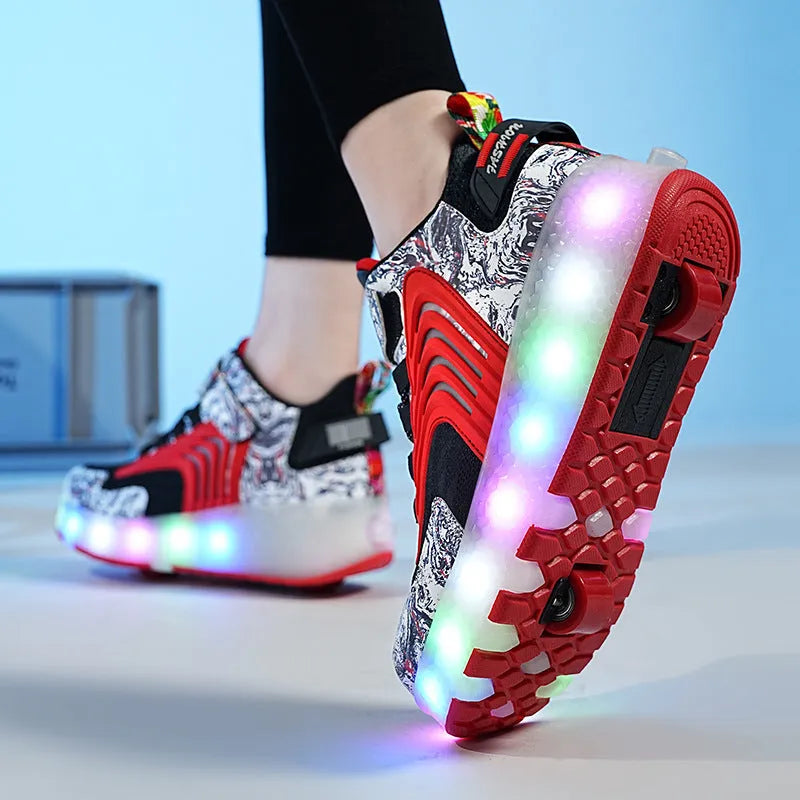 Children's wheel shoes with LED light emitting charging, available in multiple colours and sizes 27-43M