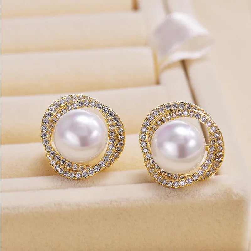 Diamond Rose Pearl Stud Earrings with Rhinestone Inlay Copper Silver Needle Geometric Korean Style White Gold