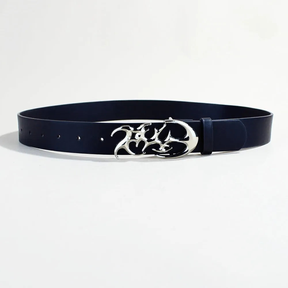 Men's silver buckle PU leather belt showing snap button closure and 3.3cm width