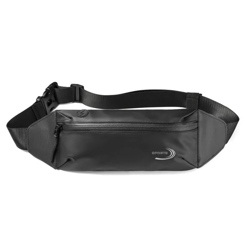 Men's black waterproof waist bag with adjustable strap for sports.