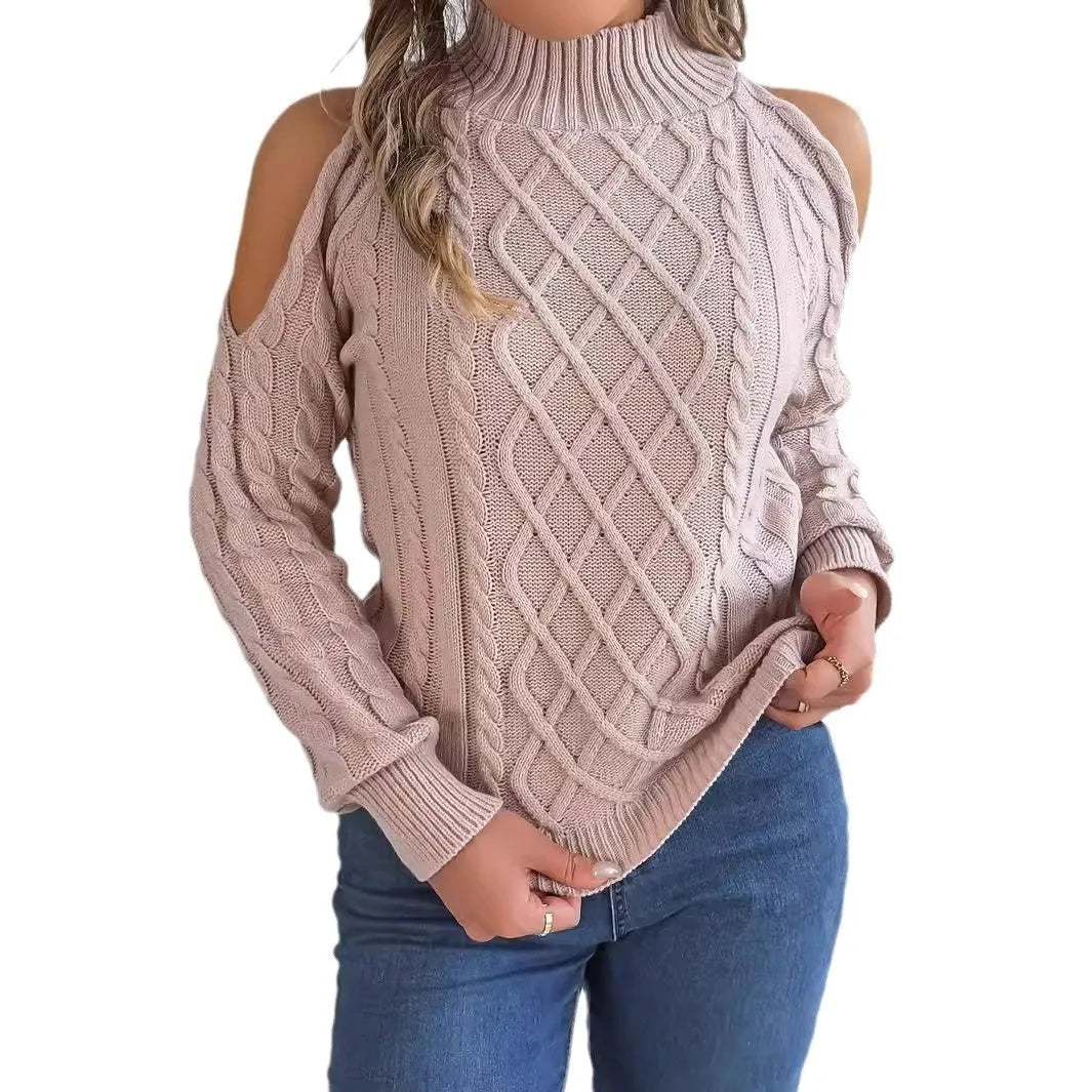 Women's casual twisted strapless half-high collar acrylic sweater with lantern sleeves