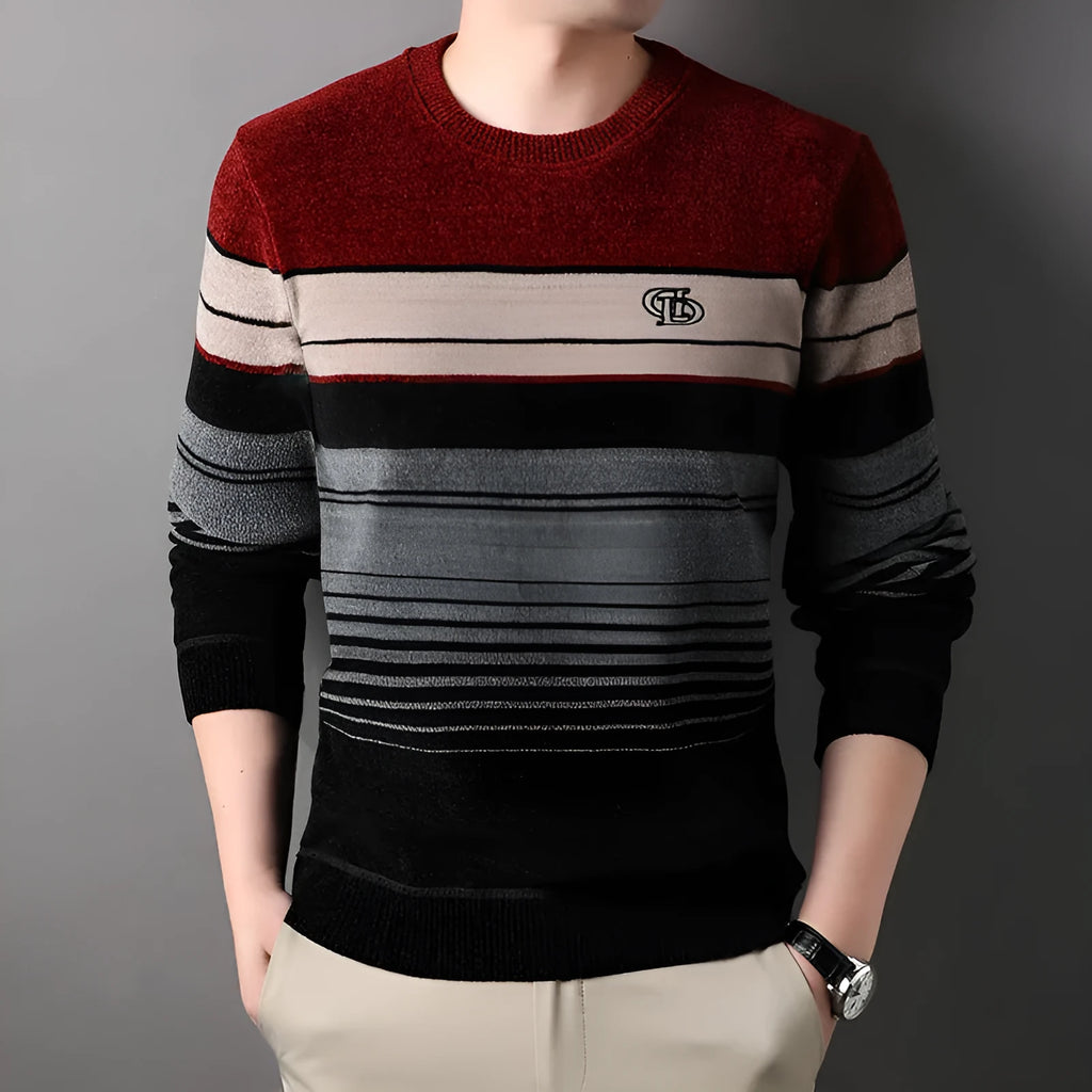 Fleece-lined thickened striped pullover in navy blue, loose fit, sizes L to 4XL for middle-aged leisure wear.