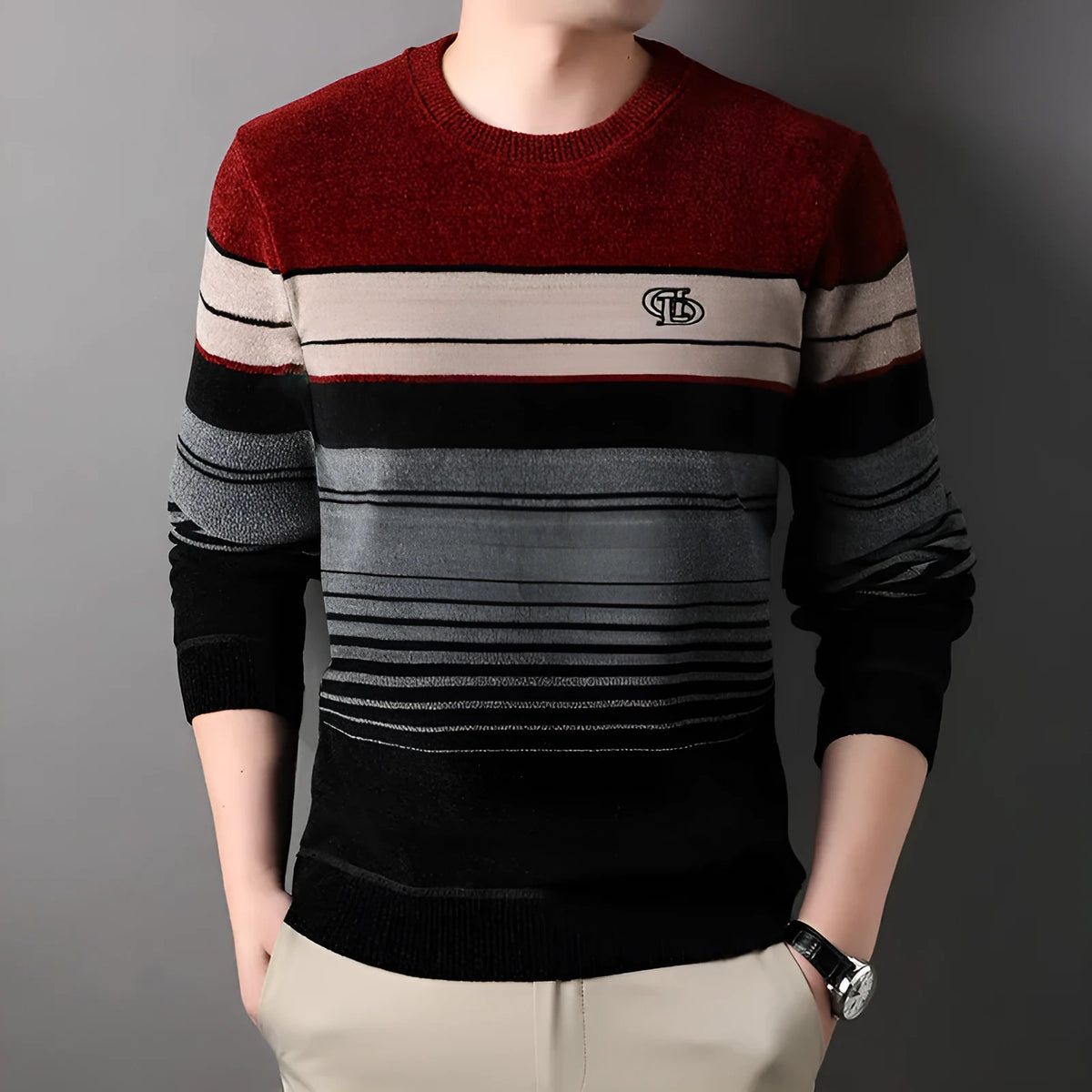 Fleece-lined thickened striped pullover in navy blue, loose fit, sizes L to 4XL for middle-aged leisure wear.