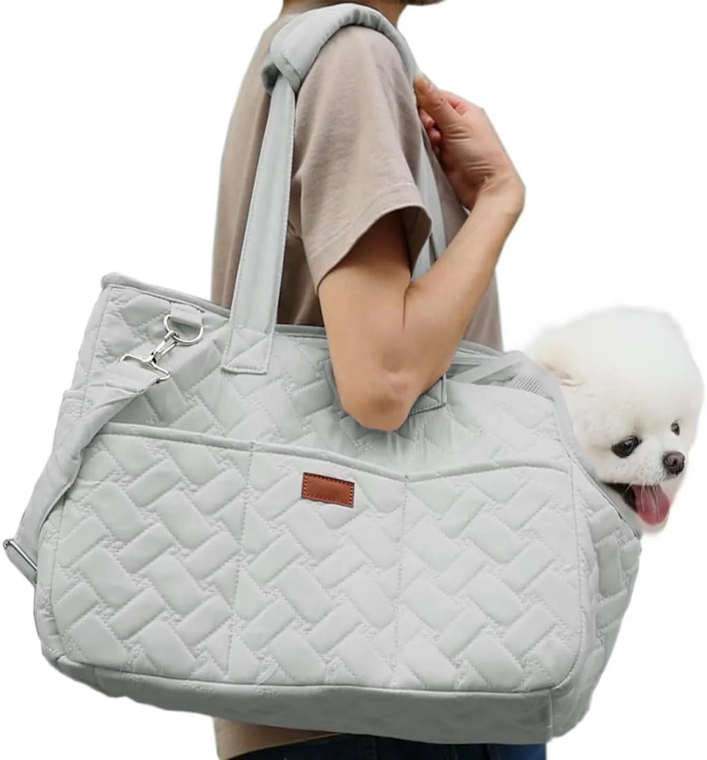 Grey mesh pet carrier handbag with ventilation panels and safety cord for cats and small dogs