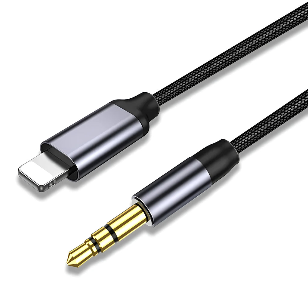 Nylon-braided 3.5mm audio cable in silver colour showing 1m length with connectors.