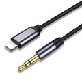 Black and silver nylon-braided 3.5mm auxiliary audio cable for car stereo connection.