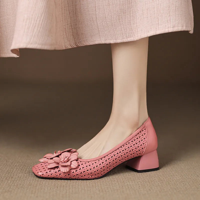Light brown women's leather pumps with a woven hollow design and a mid heel on a beef tendon sole.