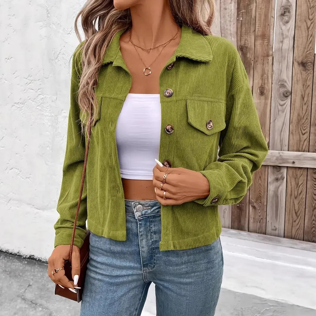Women's loose-fit retro artistic button jacket in polyester, shown in one of six available colours.