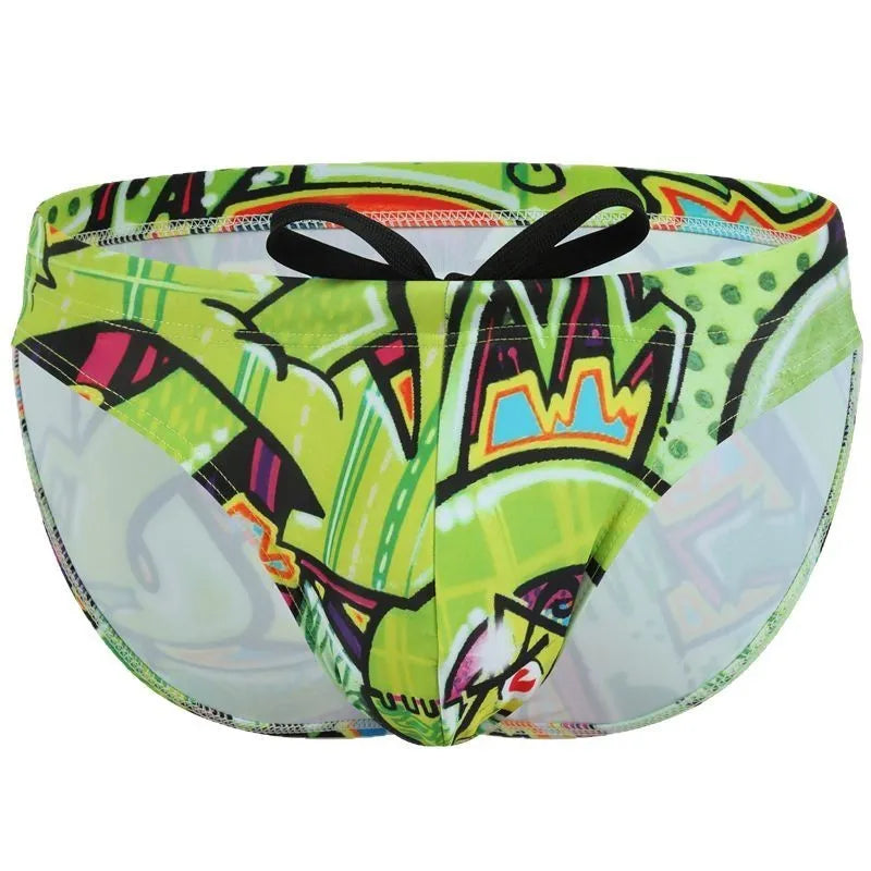 Men's printed polyester swimming trunks on a size chart, showing colour options: Cyber, Ice Cream, Streamer, Skull.
