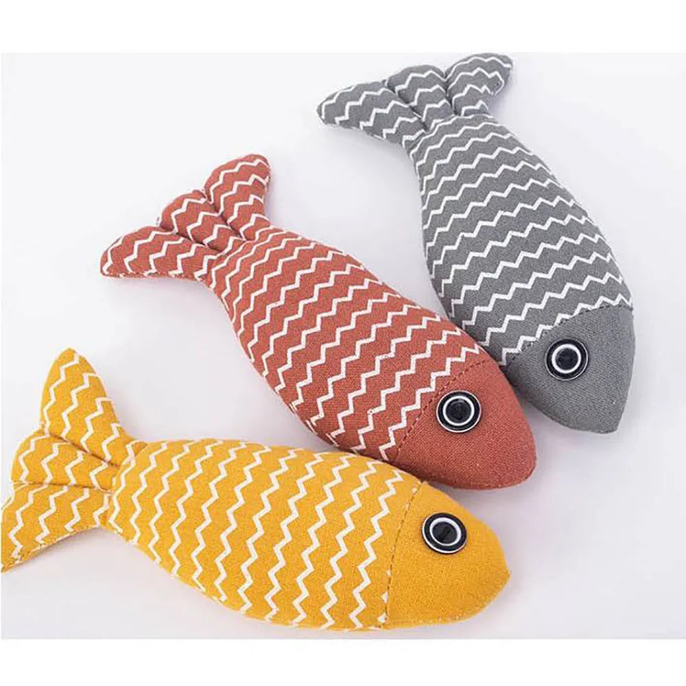 Burlap fish catnip toy with crinkle sound, soft plush material, 8.27 inches long
