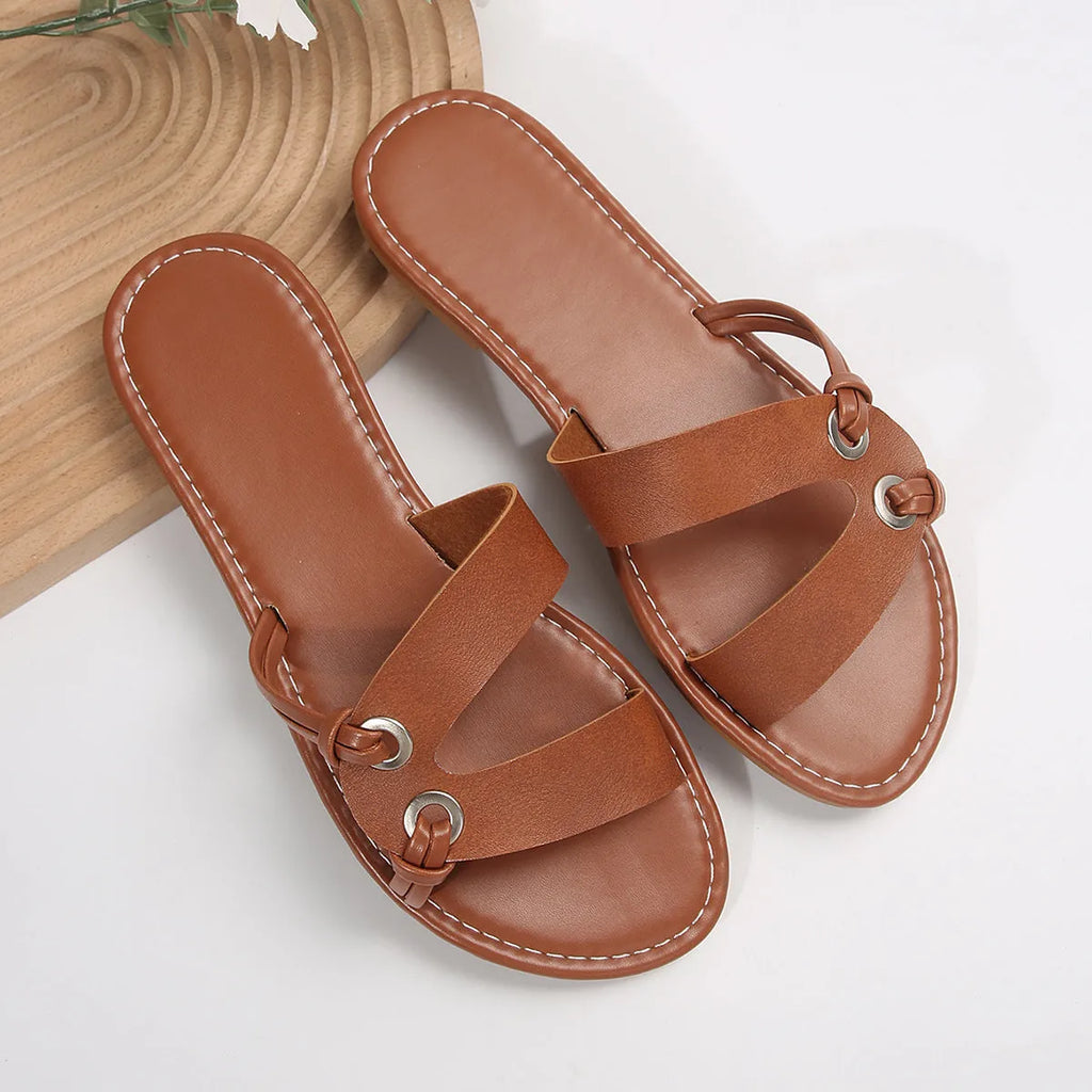 Women's round toe flat sandals with PU upper, rubber non-slip sole, in black light brown white, sizes 36-43