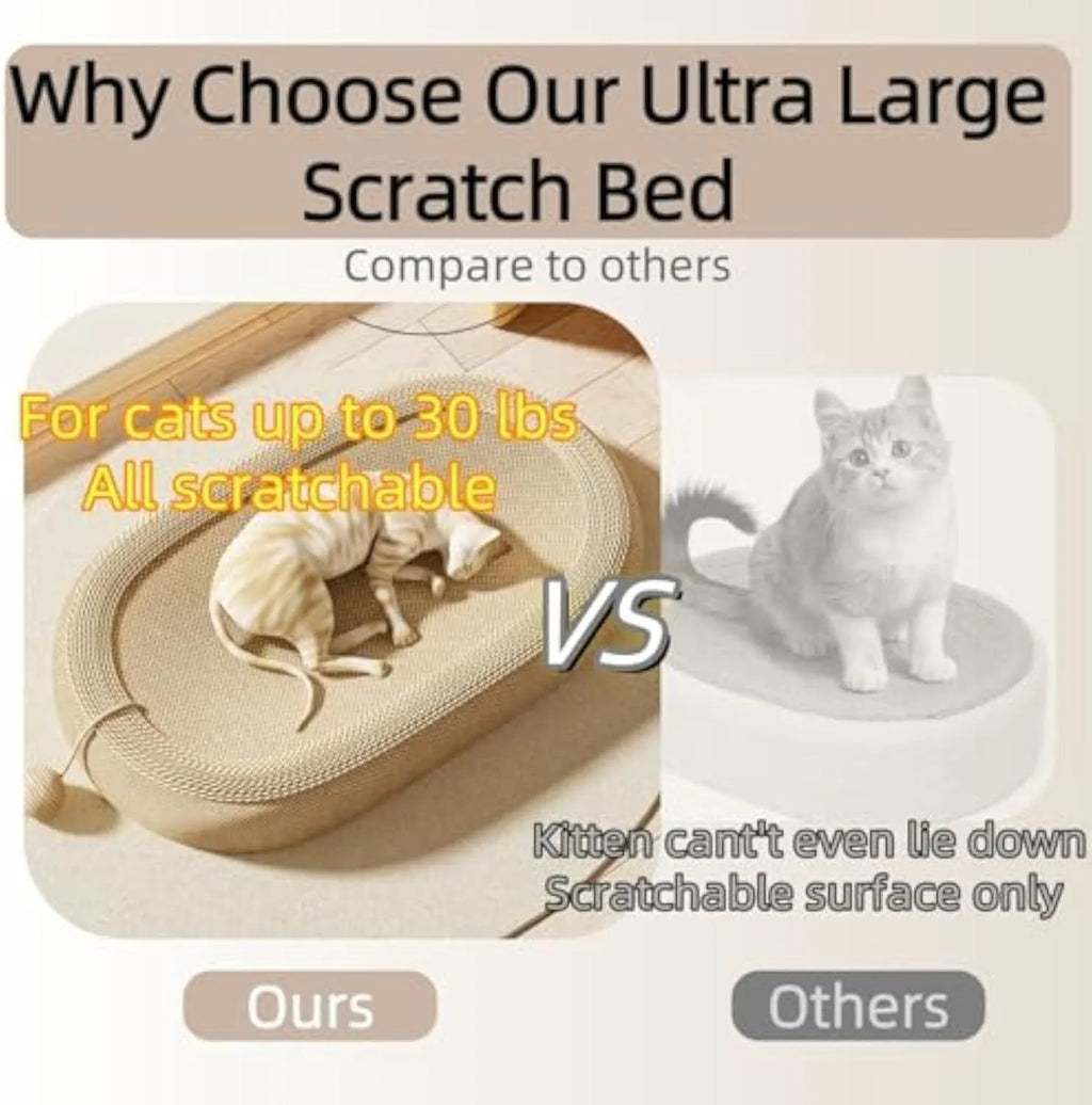 Large rectangular sisal cat scratching board with a raised lounge bed on top, showing two size options.