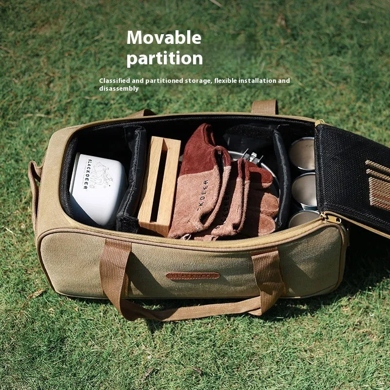 Oxford cloth camping cookware storage bag shown in two sizes, 16 litre and 35 litre, for portable stoves.