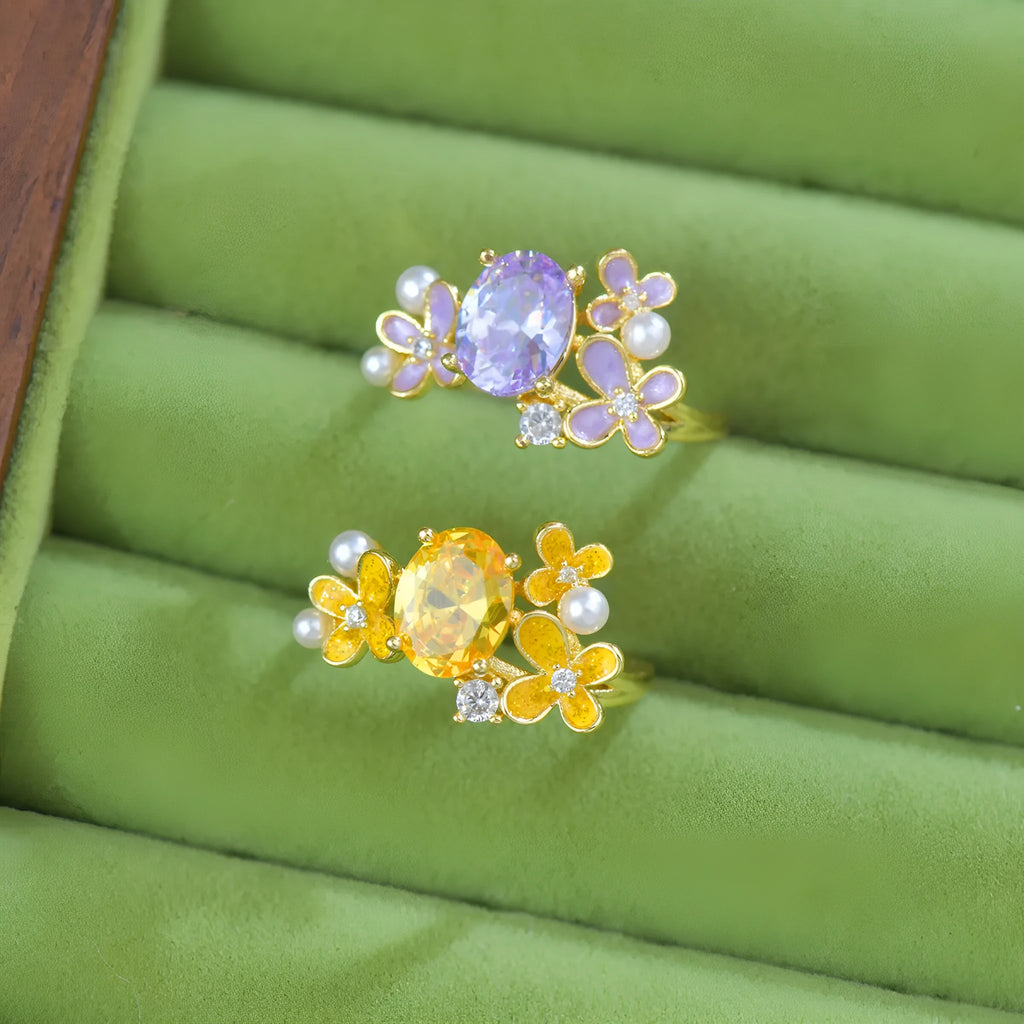 Women's flower pearl zircon open ring showing adjustable opening and electroplated metal construction