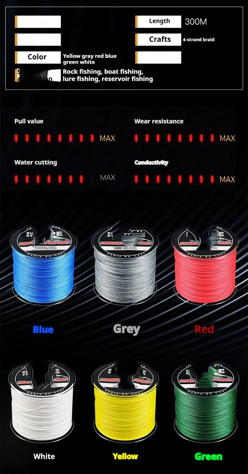 Dali Mayu 300 metre PE fishing line spool in multiple colour options with 0.4 to 3.5 line numbers