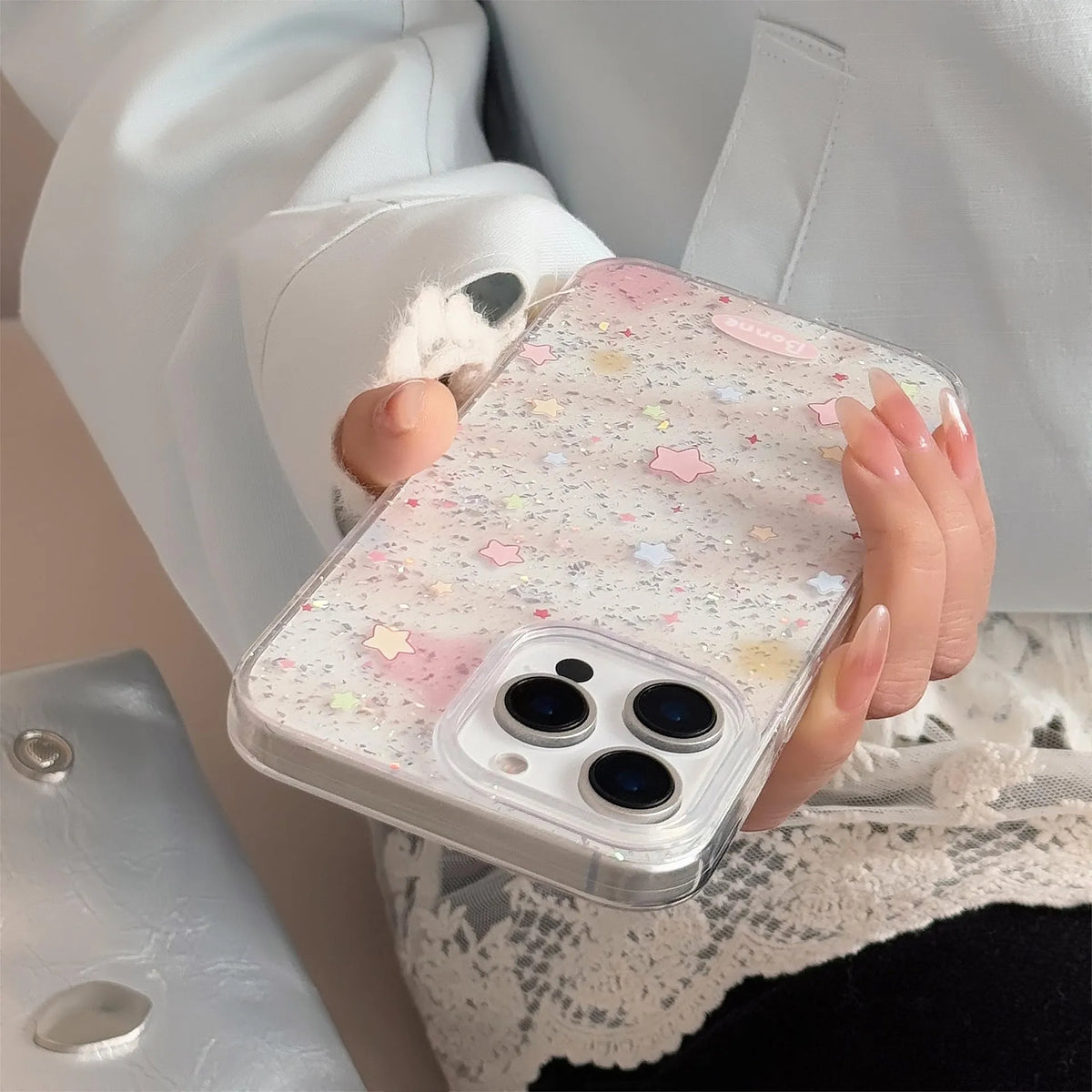 Transparent powder dyed blue phone case with yellow star and smudges design for Apple iPhone