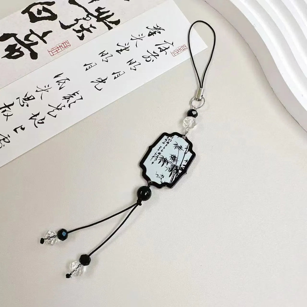 Guofeng Chinese-style floral bead keychain with metal ring on a coloured background.