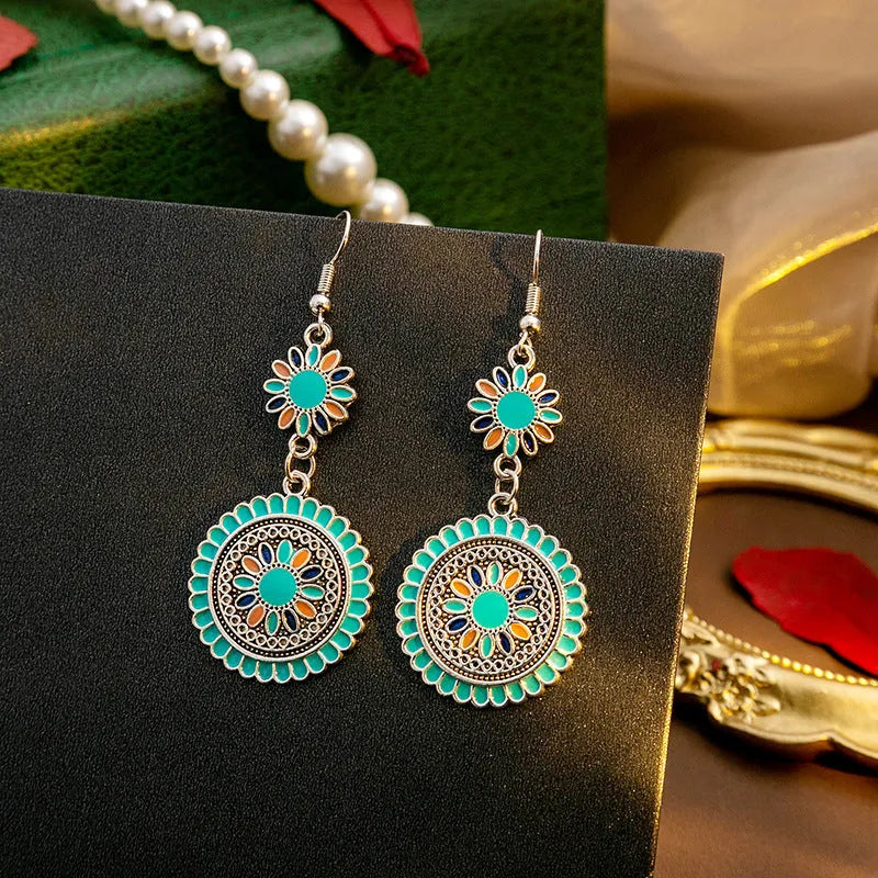 Exaggerated retro bohemian round sunflower drop earrings in blue colour option
