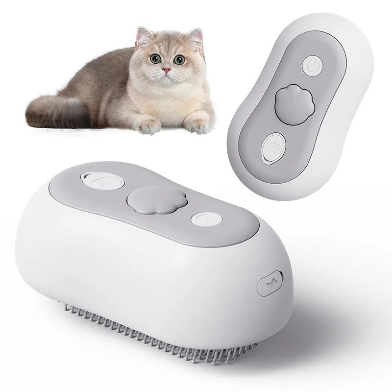 Battery-operated pet massage comb for cats in grey, blue, orange, or beige yellow colours with grooming bristles