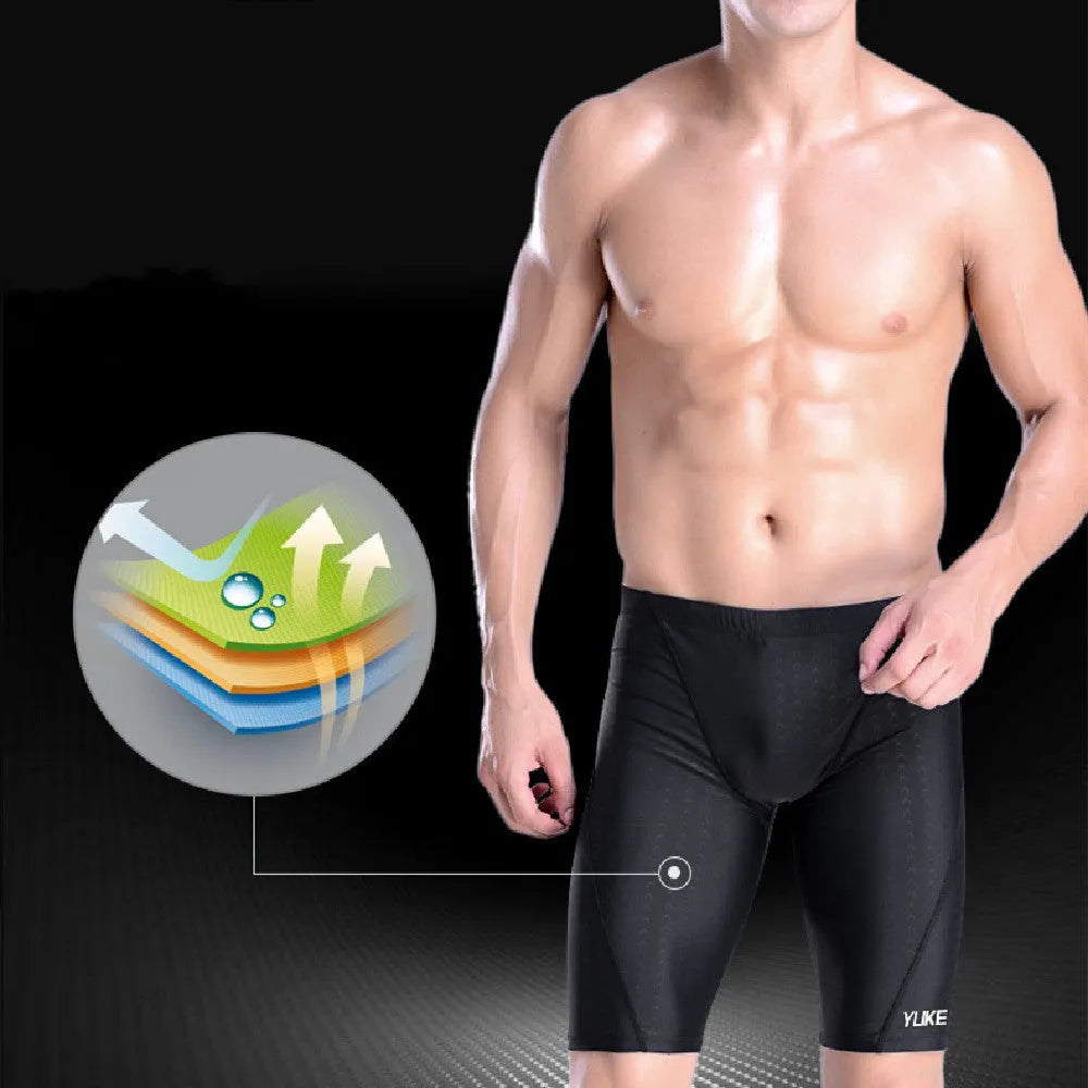 Men's complete swimming set showing briefs, anti-fog goggles, waterproof cap, ear plugs with nose clip, and swimming bag