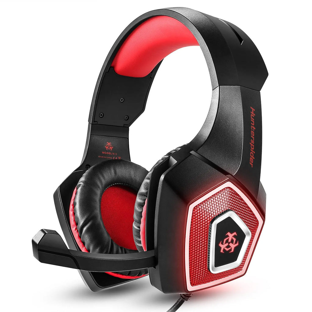 Black and red wired gaming headset with 3.5mm straight plug, 50mm drivers, built-in microphone and 2.2m braided wire