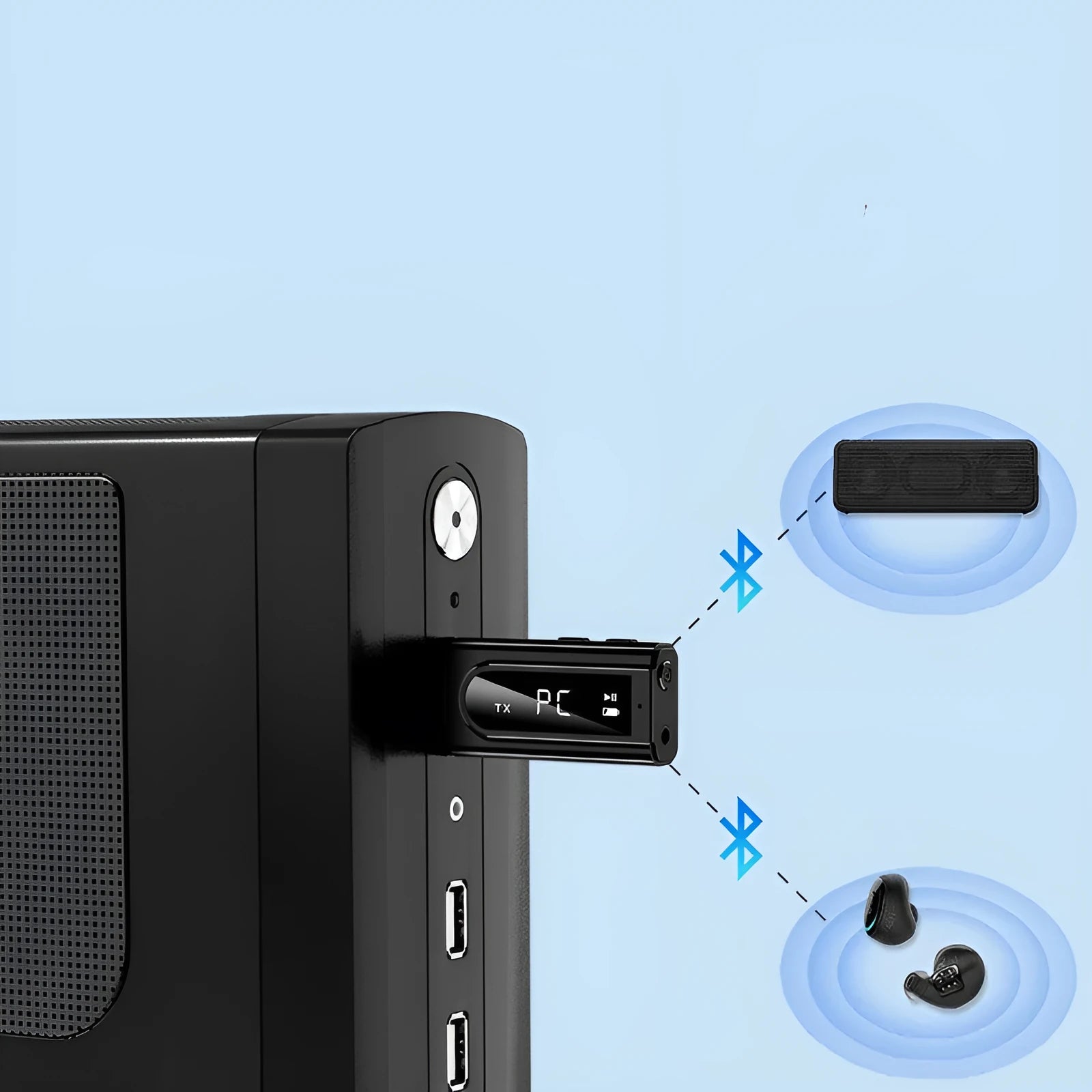 Black USB car FM Bluetooth receiver unit for wireless audio streaming in vehicles.