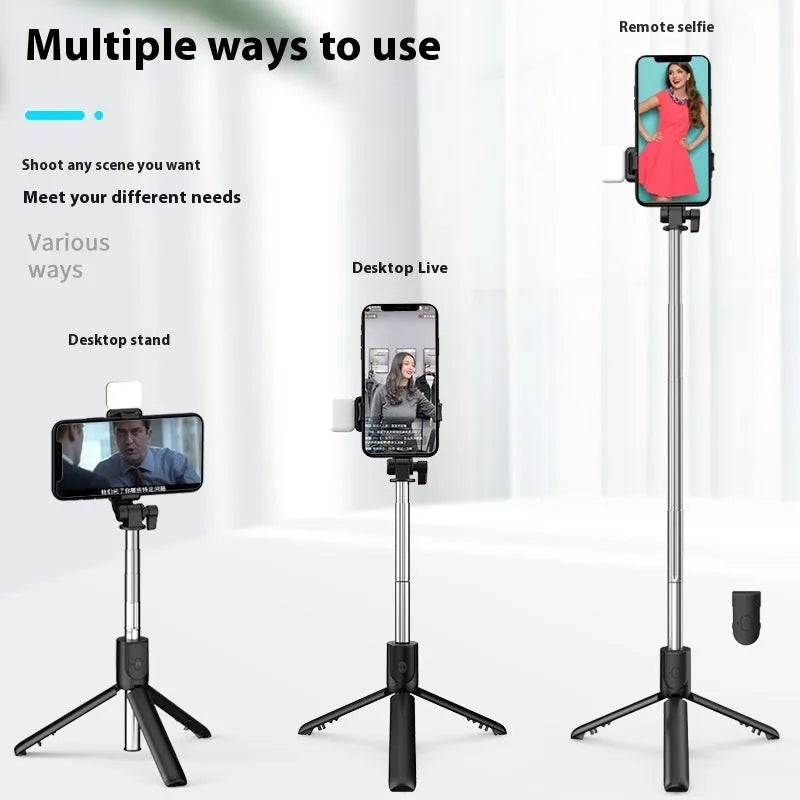 Black portable tripod selfie stick with stainless steel and alloy construction for mobile phone holder