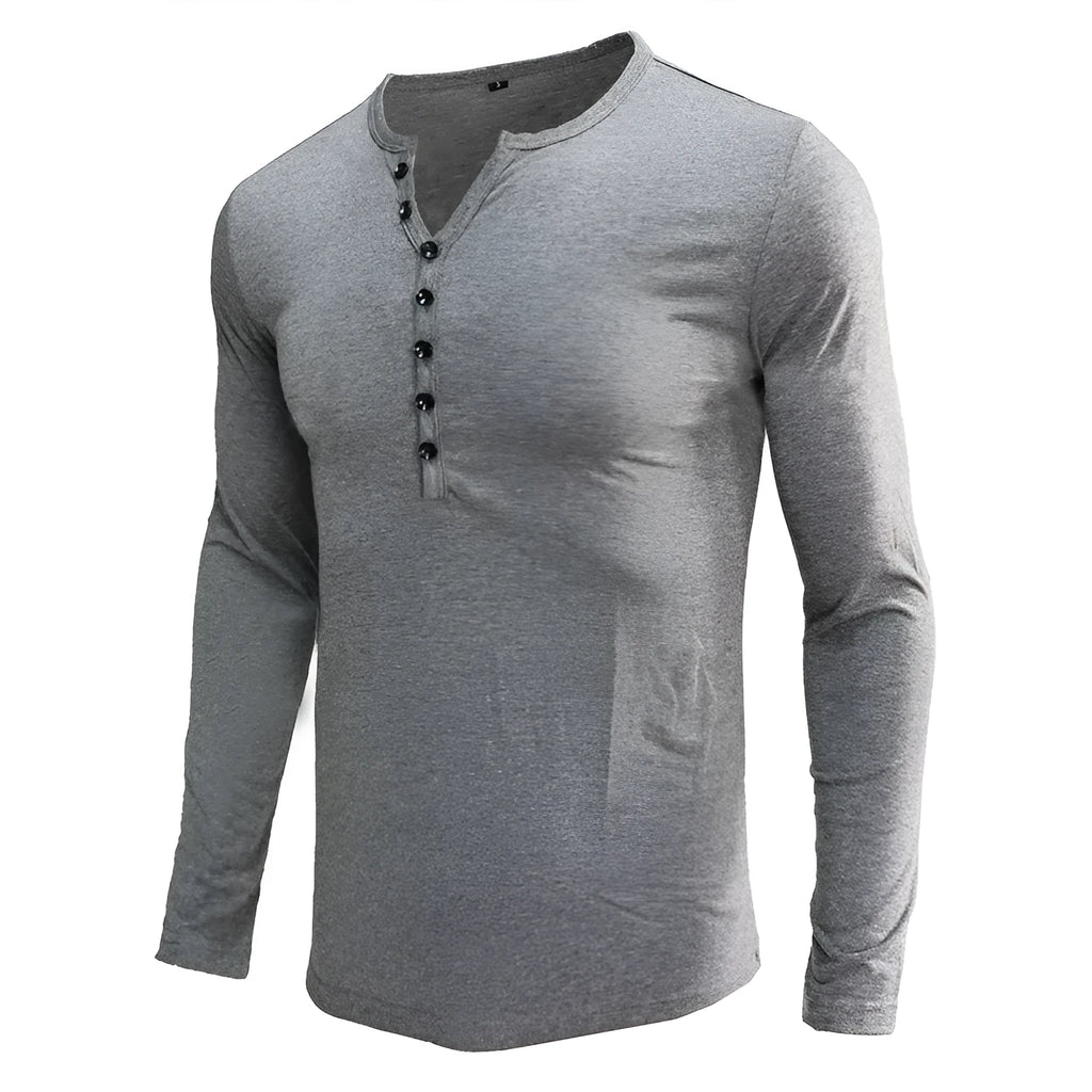 Men's solid colour long-sleeved henley neck t-shirt in cotton-blend fabric