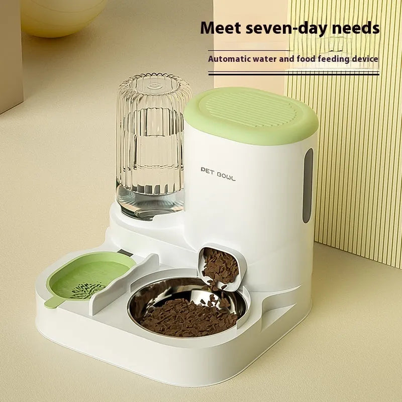 Automatic cat water fountain and food bowl combo with stainless steel dish in avocado green colour