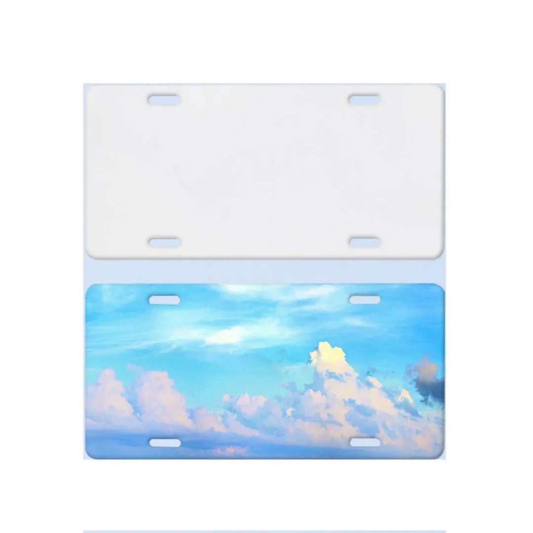 White aluminium blank licence plate showing 30.3 x 15 cm dimensions with four thickness options