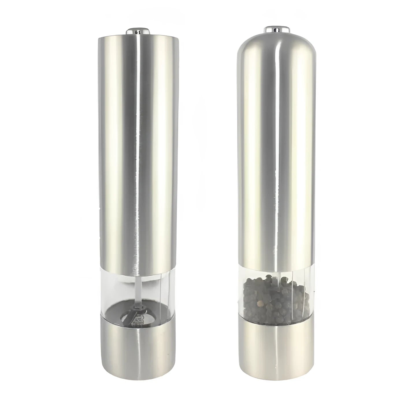 Tall stainless steel electric pepper grinder on a kitchen countertop.
