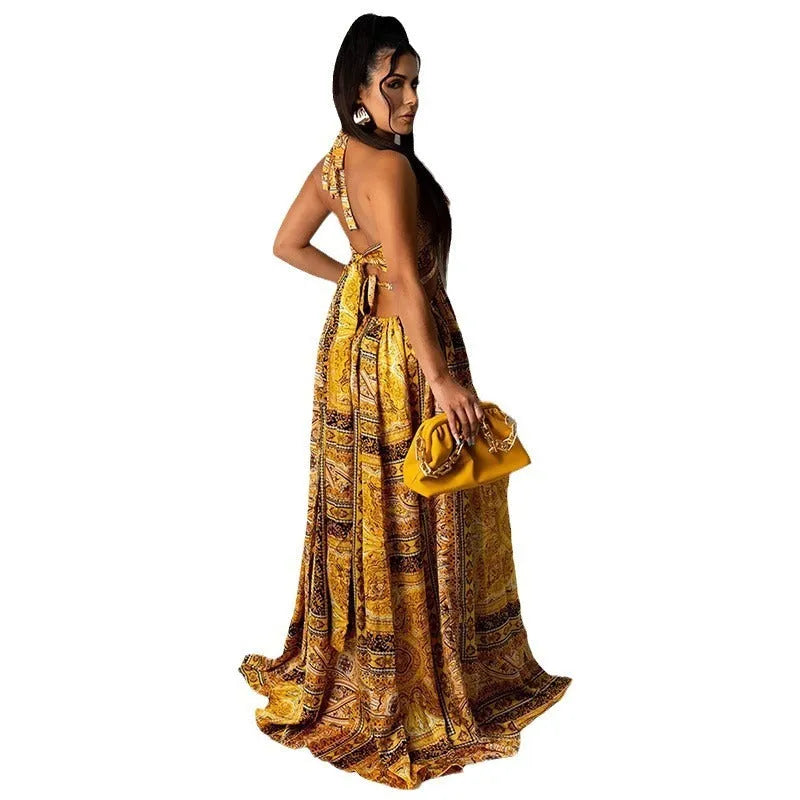 Sleeveless printed halter split dress in yellow brown, mid waist long skirt, polyester, front view