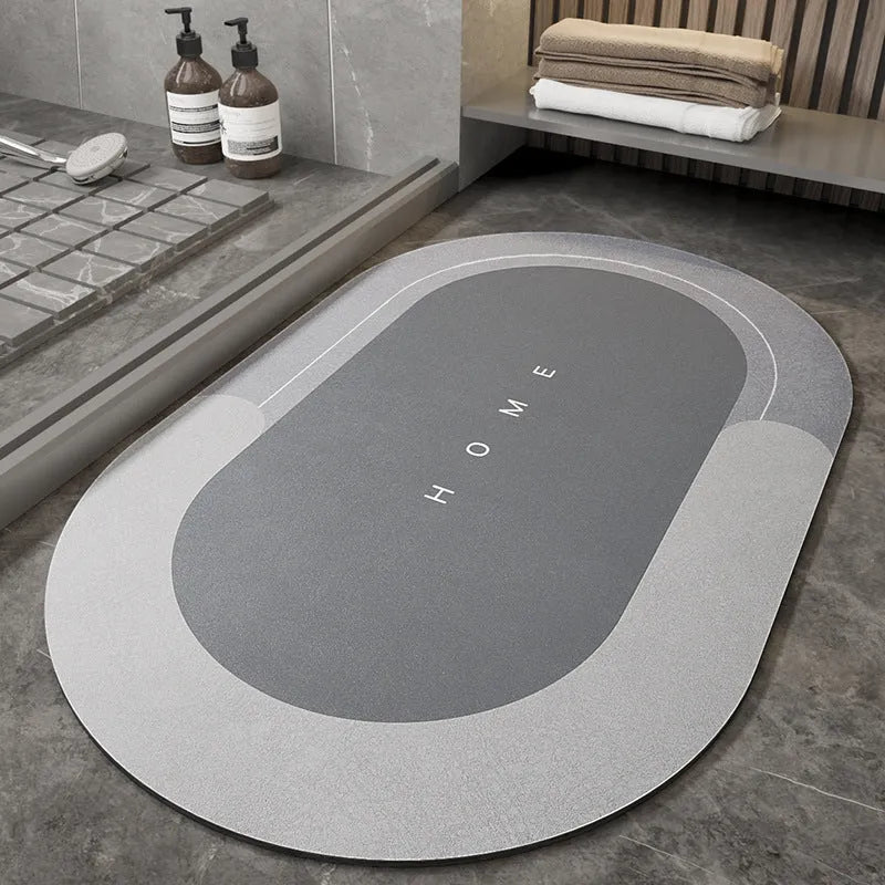 Cushioned bathroom floor mat with non-slip backing in blue colour showing oval shape on bathroom tiles
