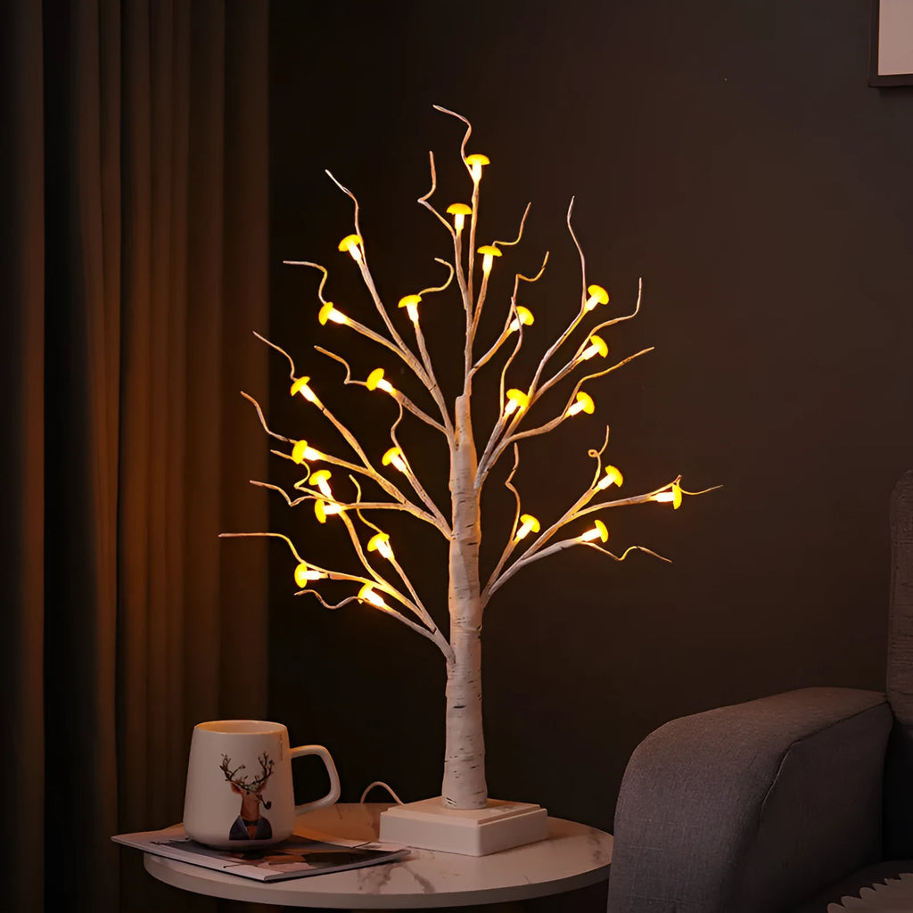 60cm tall mushroom tree LED lamp with warm light and 24 detachable flowers on birch branches
