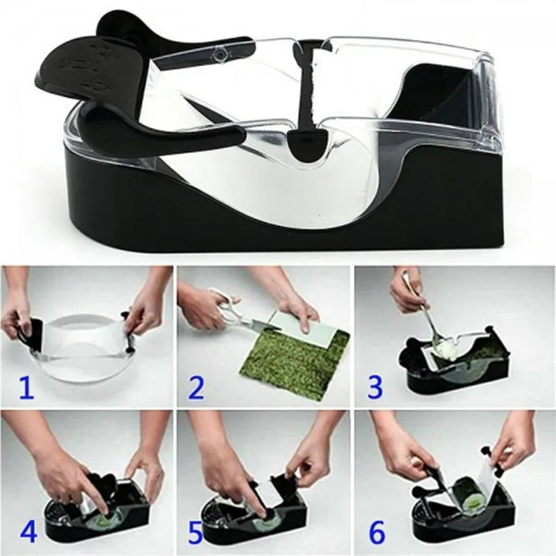 Black DIY plastic kitchen roll sushi machine on a flat surface with lever and roller band visible