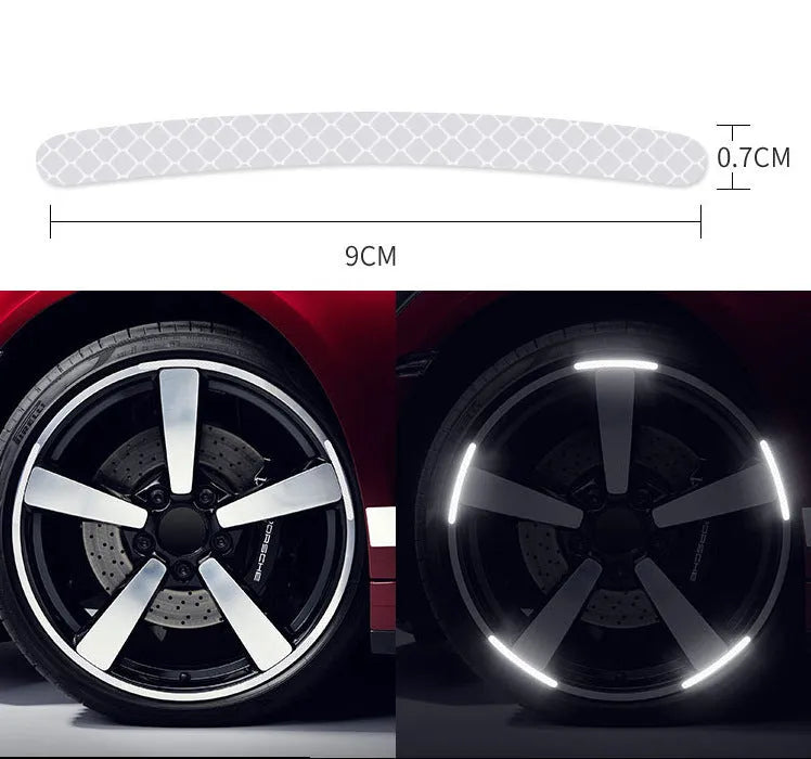 20-piece car wheel hub reflective stickers in PVC with multiple colour options for tyre warning and decoration