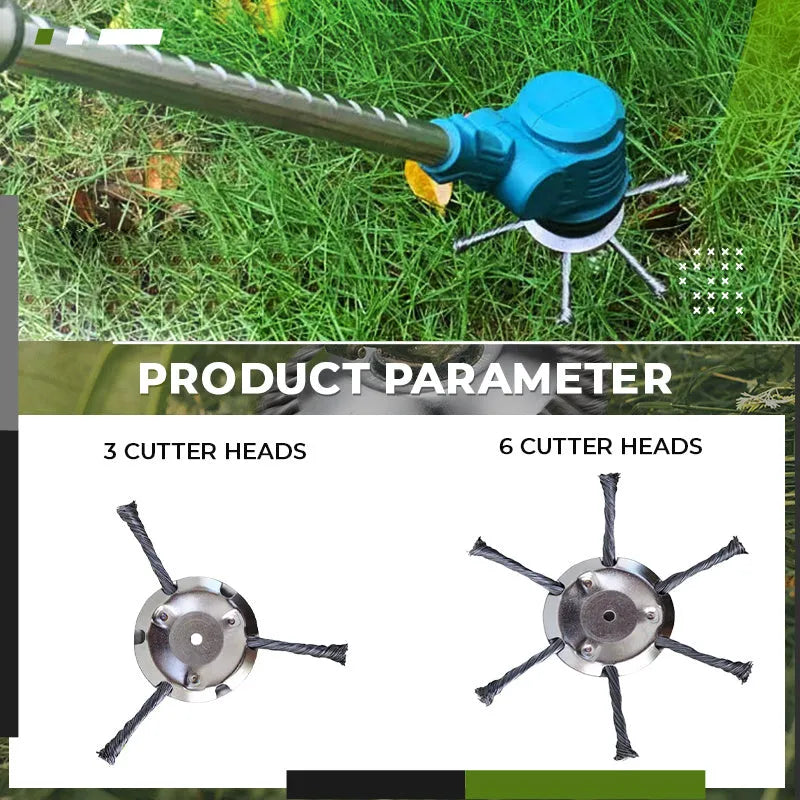Stainless steel brush head accessory for a mower with a 150mm diameter, shown with anti-falling wire.