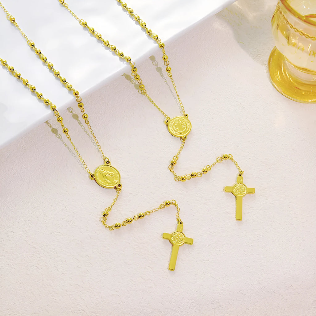Stainless steel cross pendant necklace sweater chain for women with electroplated finish in gold or steel colour