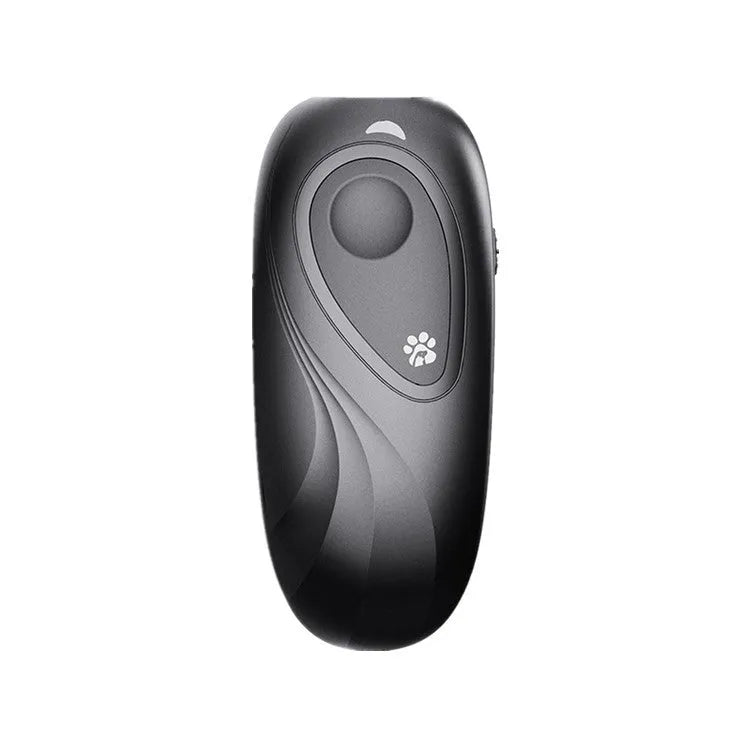 Handheld ultrasonic dog repeller in black with frequency button, ABS plastic, 9.5 cm height