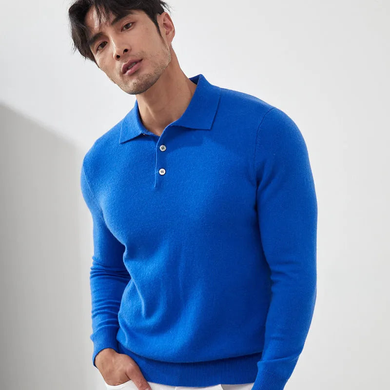 Men's blue cashmere polo collar pullover sweater on hanger showing loose fit design