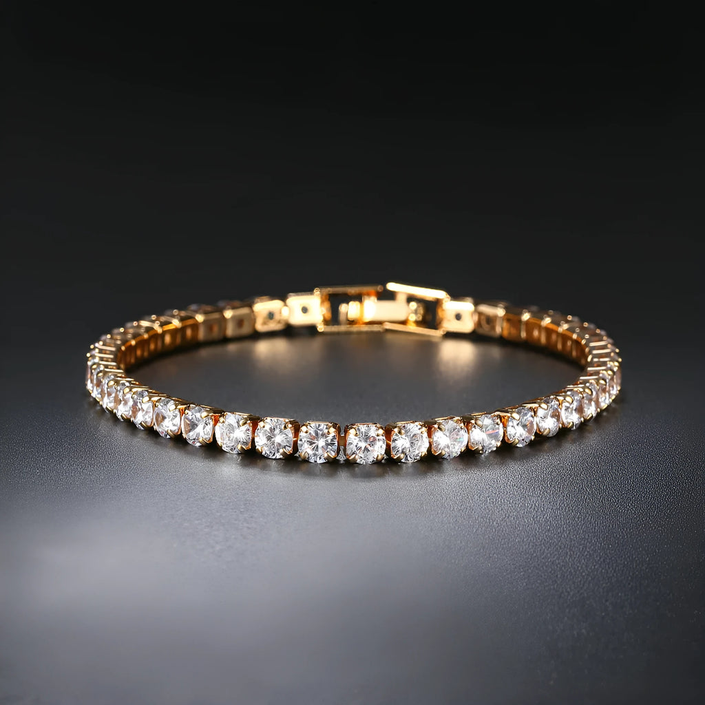 Single row 4mm round zircon bracelet on stainless steel box chain in gold finish