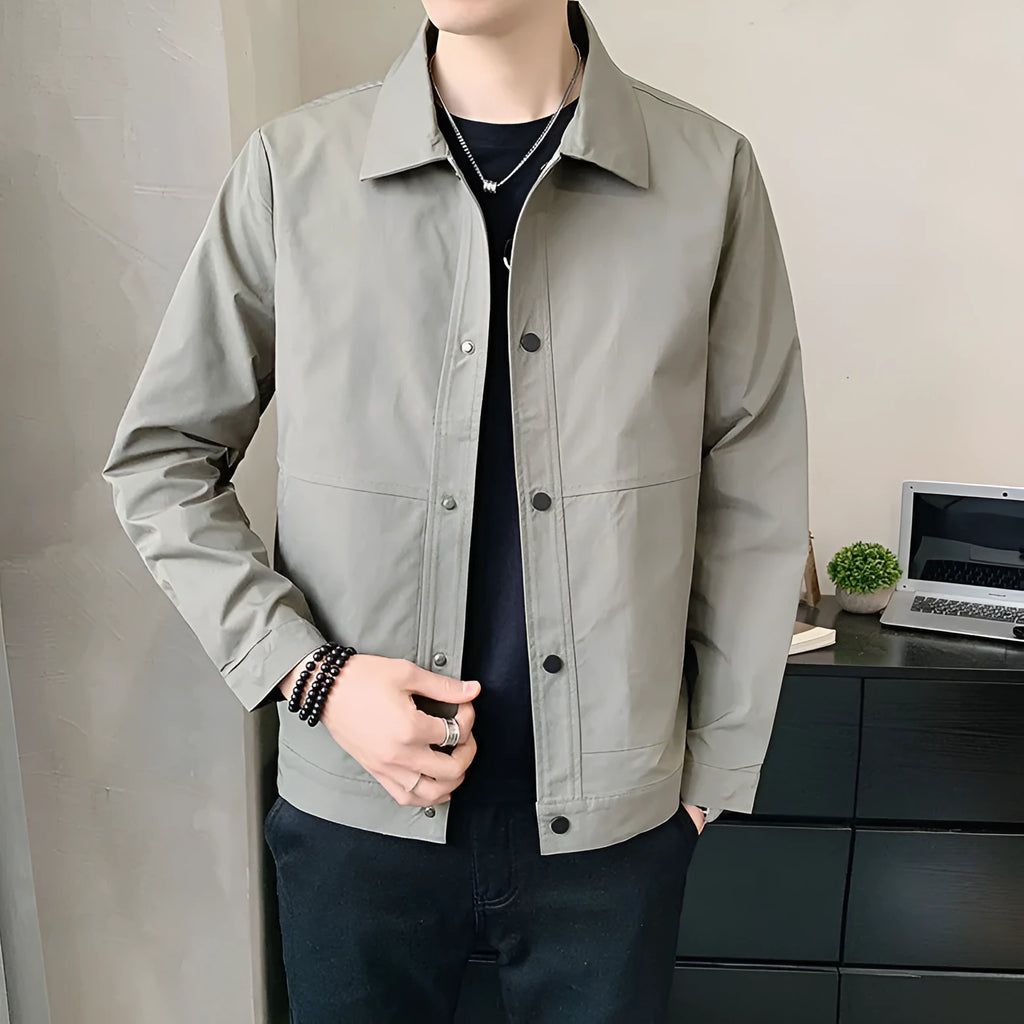 Men's thin single-layer polyester jacket in Korean style, shown in light grey colour