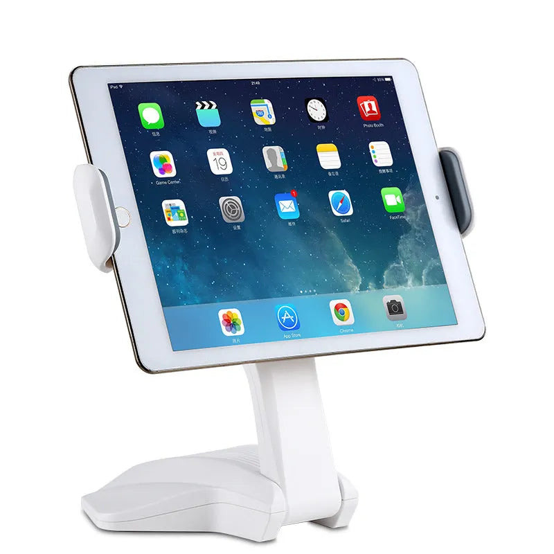 White adjustable tablet stand with metal frame and silicone clip, holding a tablet on a desk.