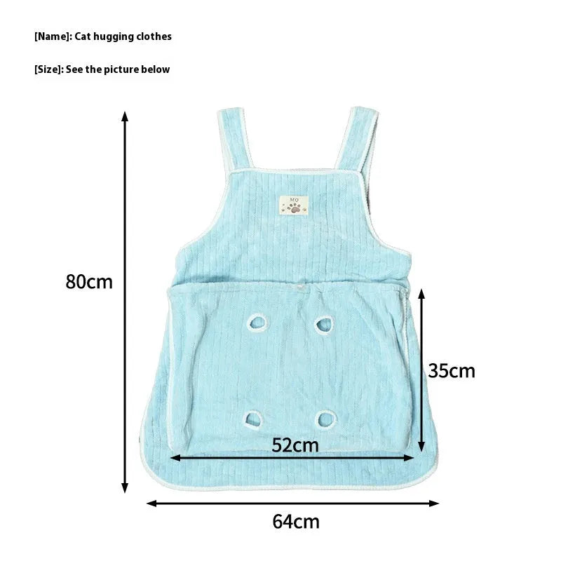 Cat petting apron made from cloth fabric in various colours including pink, light blue, and striped patterns