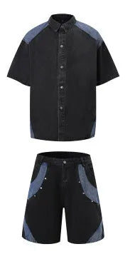 Retro washed denim jeans suit featuring a short-sleeve jacket and matching trousers on a mannequin.