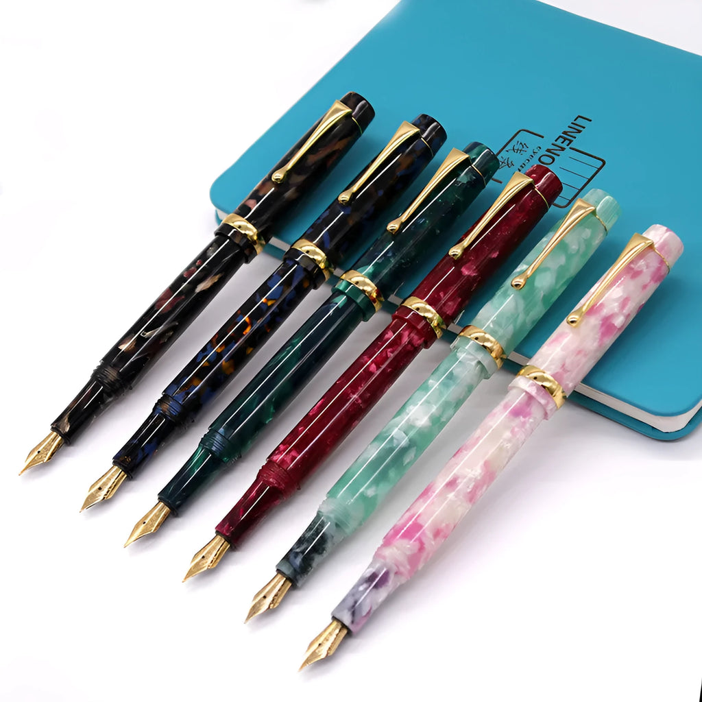 Acrylic fountain pen with smooth writing tip, available in multiple colour options including black, blue, green, light green, pink, and red.
