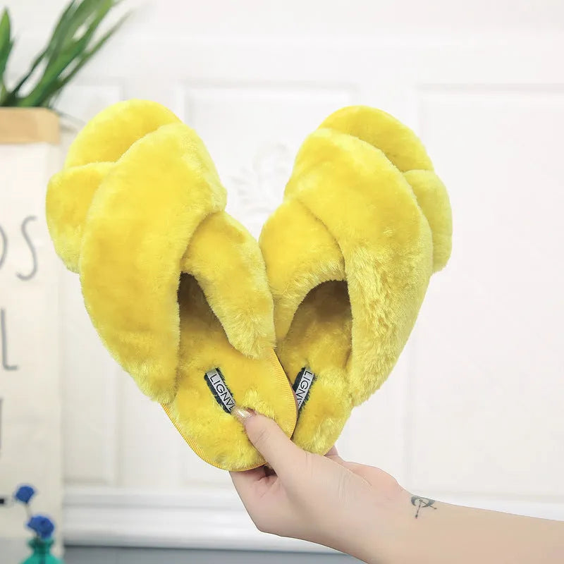 Cross open-toe fur slippers in multiple colours showing the personalised toe design and non-slip patterned sole.