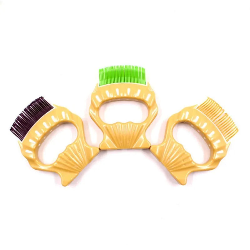 Green shell-shaped plastic pet grooming brush with bent wire bristles and anti-slip handle on a white background.